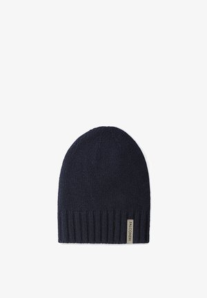 Marineblaue gestrickte Mütze mit geripptem Saum und kleinem rechteckigem Falconeri-Brandetikett am unteren Rand.