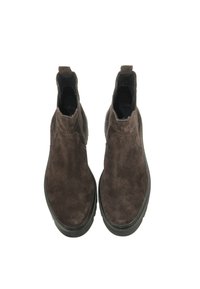 Braune Wildleder-Stiefeletten mit runder Zehenpartie, elastischen Seiteneinsätzen und einer strukturierten schwarzen Gummisohle für besseren Halt. Flaches Absatzdesign.