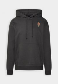 Felpa grigia scura realizzata in morbido tessuto, con tasca frontale. Presenta un piccolo design ricamato colorato di una fiamma e una rosa sul petto.