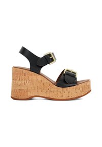 Zwarte leren wedge sandalen met een kurken platform. Kenmerken zijn twee straps met gouden gespen en een gladde textuur. De hoogte van de wedge is opvallend.
