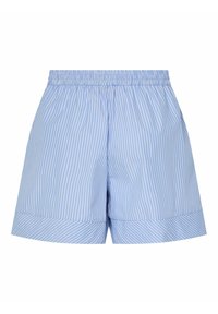 Gaiši zilie šorti ar baltiem vertikāliem svītrām, ar elastīgu jostasvietu un plašām kāju atverēm. Izgatavoti no viegla, elpojoša auduma.