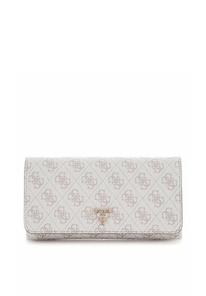 Portefeuille Guess beige clair avec motif logo répétitif et emblème triangulaire doré Guess sur le rabat avant.