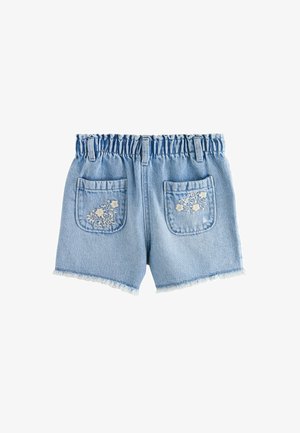 Denim šorti ar elastīgu jostasvietu, gaiši zila krāsa, divas aizmugures kabatas ar baltu ziedu izšuvumu un saplēstā mala.