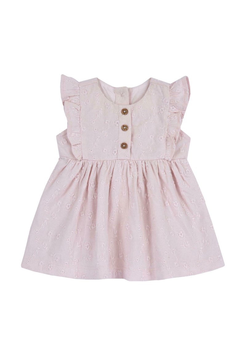 Pink embroidered dress featuring ruffled shoulders, a buttoned front with three brown buttons, and a flared skirt design.