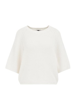 Off-white gebreide trui met een ontspannen pasvorm, korte mouwen, geribbelde textuur en een brede ronde halslijn. Ontworpen met verlaagde schoudernaad.