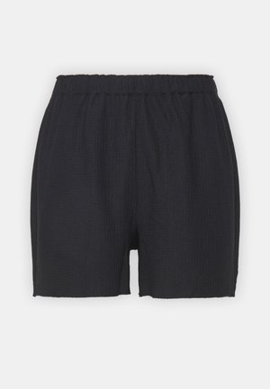 Shorts neri e con texture, dotati di una vita elastica. Design semplice, lunghezza fino a metà coscia. Senza hardware visibile o motivi. Tessuto liscio e leggero.