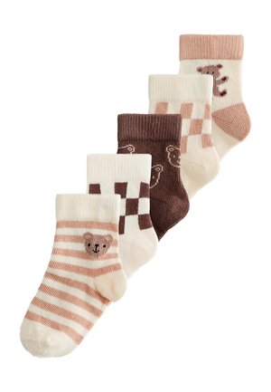 Fünf Paar Kleinkind-Socken in Beige- und Brauntönen, mit Streifen, karierten Mustern und Tiermotiven, die eine weiche Textur aufweisen.