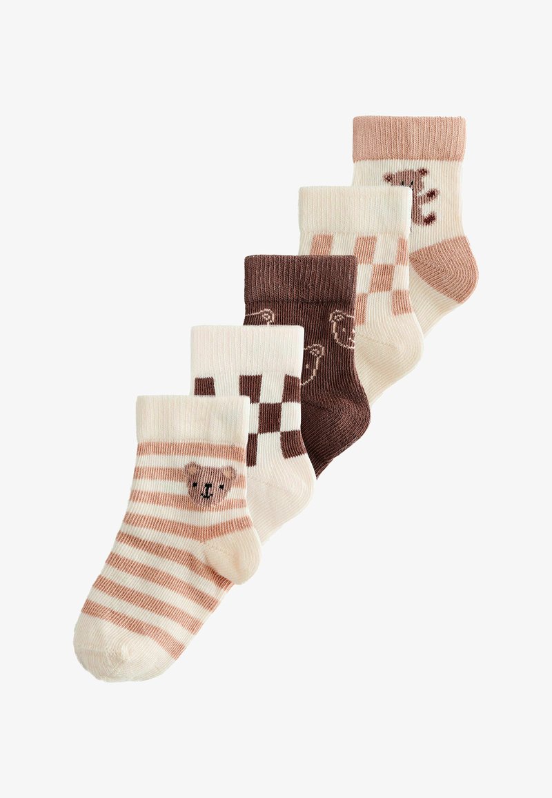 Cinque paia di calzini per bambini in tonalità beige e marrone, con strisce, motivi a scacchi e disegni di animali, caratterizzati da una morbida texture.