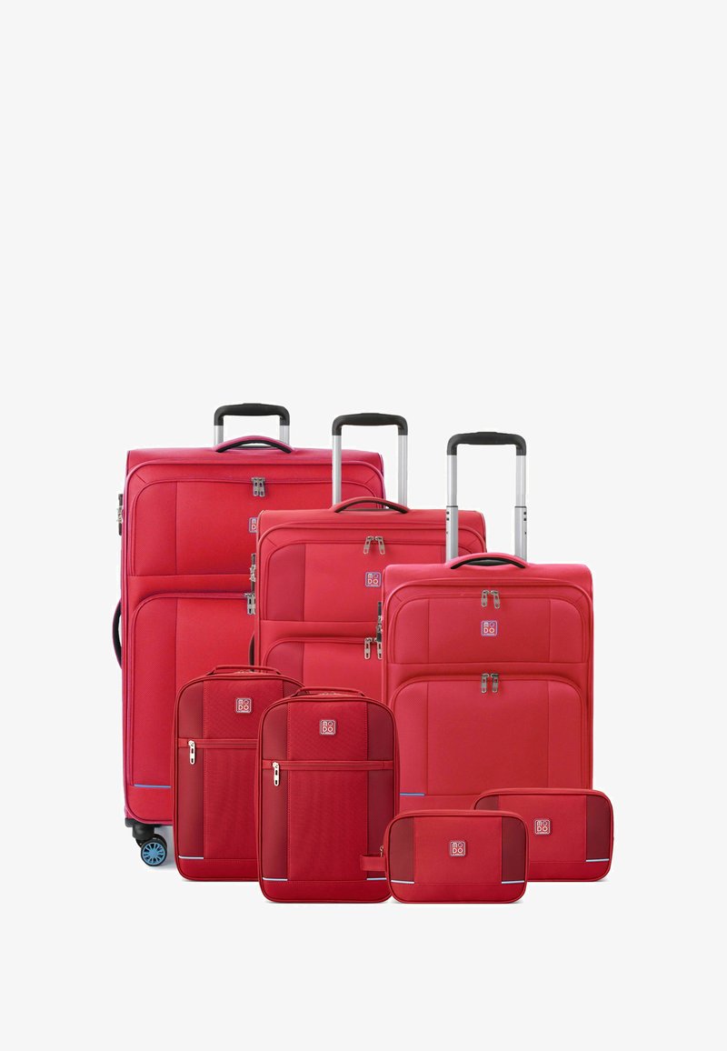 Red luggage set including three suitcases and three smaller bags. Made from textured fabric, featuring handles and zip closures.
