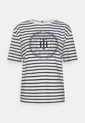 Striped cotton T-shirt in white and navy, featuring a round neck and short sleeves. Center graphic logo surrounded by laurel leaves.