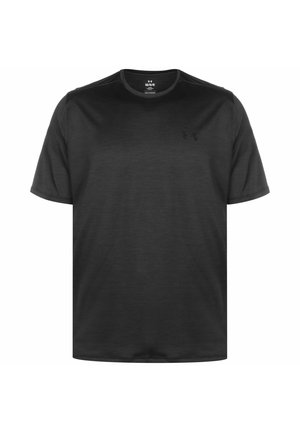 Prosty czarny sportowy T-shirt z krótkim rękawem i okrągłym dekoltem, z subtelnym logo na lewej piersi i metką wewnątrz kołnierza.