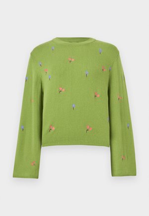 Roheline pika varrukaga kampsun, mille eesmisel osal ja varrukatel on hajutatult tikitud väikesed roosad ja sinised lilled.