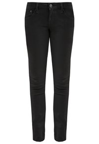 Jeans de mezclilla negros con corte ajustado, cierre de botón, bolsillos delanteros y traseros, con una textura suave y un diseño minimalista.