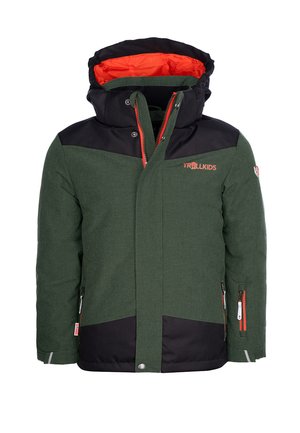 Children's winter jacket in dark green and black with orange lining, zipper and snap closures, featuring "TROLLKIDS" logo and Norway flag patch.