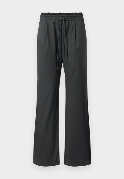 Black wide-leg pants with elastic waistband and long drawstrings, displayed on a plain white background.