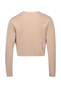Beige verkürzter Pullover mit langen Ärmeln, rundem Ausschnitt und einem strukturierten Strickstoff. Einfaches Design ohne sichtbare Beschläge oder Muster.