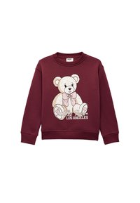 Bordowy sweatshirt z grafiką niedźwiedzia w kokardzie. Zawiera ściągacze przy rękawach i u dołu, miękki materiał oraz napis "Cuddle Bear Los Angeles".