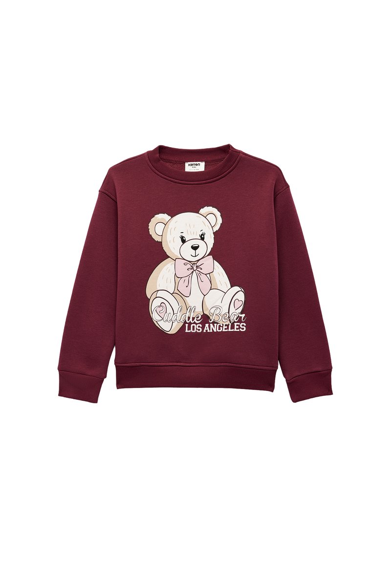 Felpa maroon con una grafica di un orso che indossa un fiocco. Presenta polsini e orlo a coste, tessuto morbido e il testo "Cuddle Bear Los Angeles".