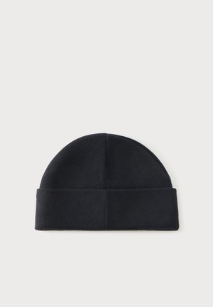 Black knit beanie hat with a folded cuff, shown flat on a light gray background.