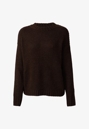 Ciemnobrązowy sweter z wełny z długimi rękawami, o rypsowym dekolcie, mankietach i dolnym wykończeniu, prezentowany na białym tle.