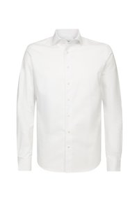 Camicia bianca a maniche lunghe in tessuto liscio, con colletto classico e chiusura frontale a bottoni. Ha una vestibilità regolare e senza motivi visibili.