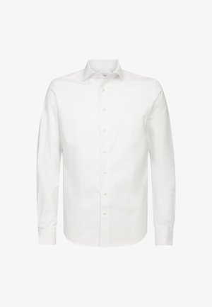 Camicia bianca a maniche lunghe in tessuto liscio, con colletto classico e chiusura frontale a bottoni. Ha una vestibilità regolare e senza motivi visibili.