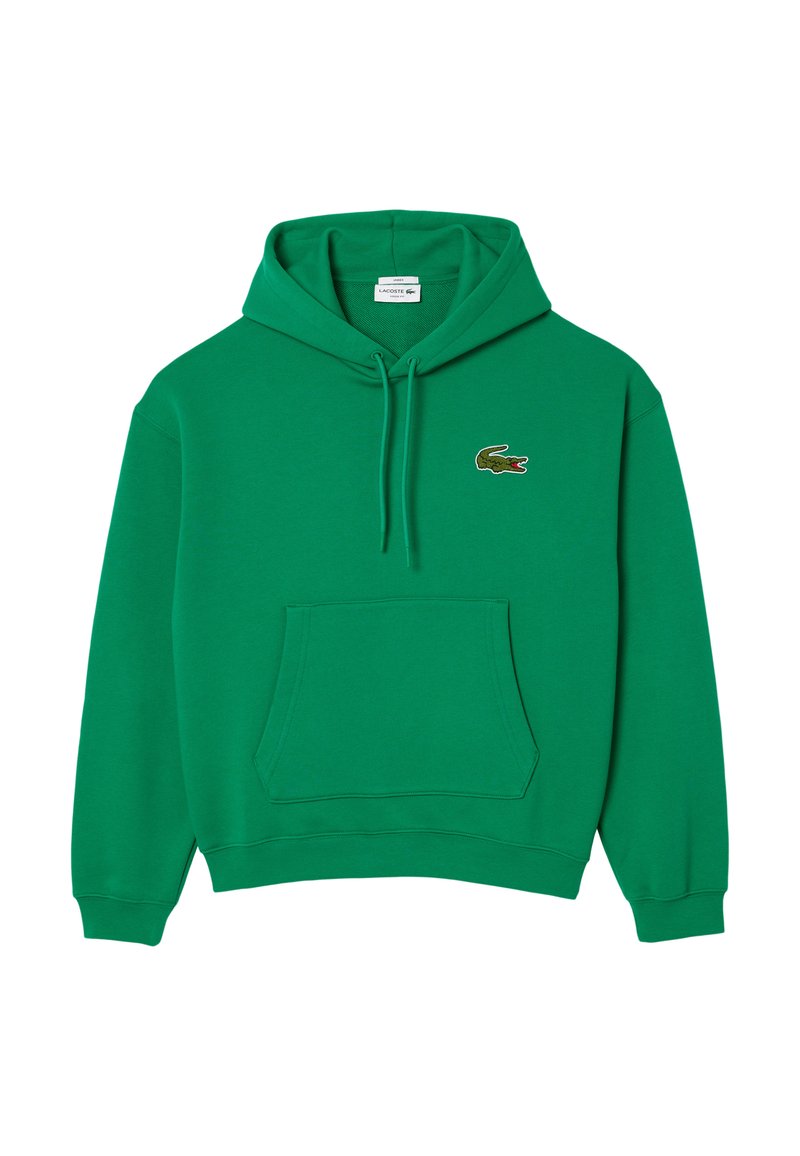 Hoodie en coton vert avec une poche kangourou, des poignets côtelés, une capuche avec cordon de serrage et un logo de crocodile brodé sur la poitrine gauche.
