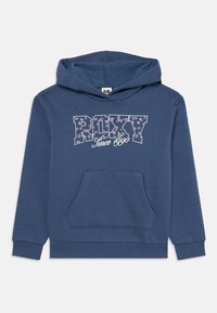 Blue hooded sweatshirt with front pocket, "ROXY" printed with floral pattern and "Since 1990" text beneath on the chest.