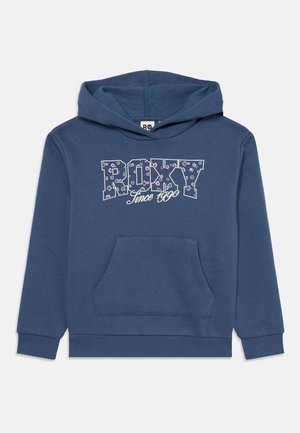 Sweat à capuche bleu avec poche frontale, "ROXY" imprimé avec un motif floral et le texte "Depuis 1990" en dessous, sur la poitrine.