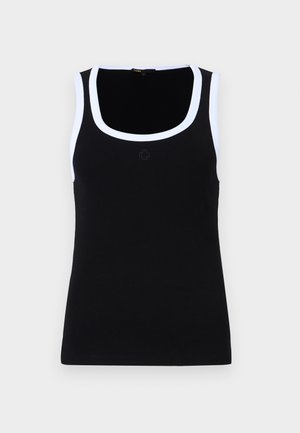 Must mustriba tank top laia lõikega ja valge kontrastäärisega. Omab keskmist logo detaili, keha lähedast lõiget ja pehmet tekstuuri.