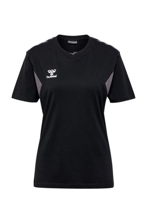 Svart sport t-shirt i bomull med V-ringning och korta ärmar. Har grå detaljer på axlarna och en tryckt logotyp på bröstet.