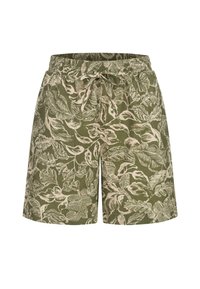 Shorts verts en tissu léger, avec un motif de feuilles blanches, une taille élastique avec un cordon de serrage et une coupe décontractée.