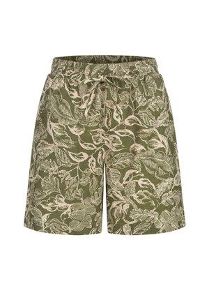 Shorts verts en tissu léger, avec un motif de feuilles blanches, une taille élastique avec un cordon de serrage et une coupe décontractée.