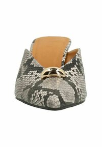Mule shoe with a pointed toe, featuring a textured grey and black snakeskin pattern and a gold accent on the front. Soft beige interior.