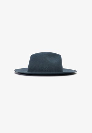 Dark blue felt hat with a wide, flat brim and a rounded crown. Features a subtle embossed logo on the front. Smooth texture overall.