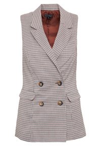 Dubbelknäppt ärmlöst väst i rutigt tyg. Mönster i beige, brunt och krämfärgat med två framfickor och bruna knappar. Fodrad inredning.