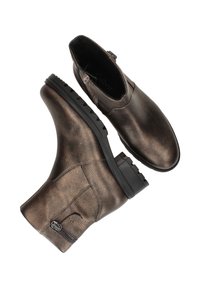 Brown leather ankle boots with a textured finish, black rubber sole, and side zipper. Features a rounded toe and simple stitching accents.