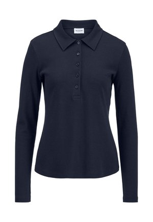Marineblaue langärmelige Poloshirt mit klassischem Kragen und fünf Knöpfen vorne, aus weichem Stoff gefertigt.