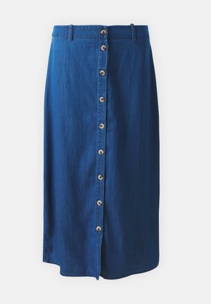 Džínová sukně ve tvaru A se pasem, s předním zapínáním na knoflíky a dřevěnými knoflíky, a mírně zakřiveným lemem na spodní straně.