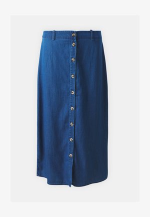 Džínová sukně ve tvaru A se pasem, s předním zapínáním na knoflíky a dřevěnými knoflíky, a mírně zakřiveným lemem na spodní straně.