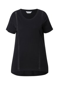 Zwarte korte mouwen t-shirt gemaakt van zachte stof, met decoratieve kantpanelen langs de zijkanten en een ronde halslijn, met een iets gebogen zoom.