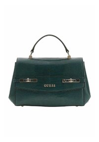 Sac à main vert à texture crocodile avec un design structuré, une poignée supérieure, des accents métalliques et un détail du logo à l'avant.