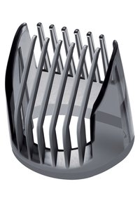 Hårklipperbeskytter med en cirkulær bund, gråt plastmateriale, flere forlængede tænder til jævne klippe længder, og glatte kanter.