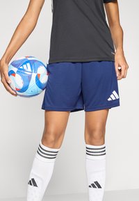 Άτομο με ναυτικό σορτς και λευκές κάλτσες με ρίγες κρατάει ένα ποδοσφαιρικό μπάλα Adidas σε μπλε, λευκό και κόκκινο χρώμα δίπλα του.