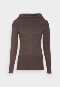 Brązowy sweter z długim rękawem i stójką. Posiada prążkowaną teksturę i gładką strukturę. Projekt obejmuje lekko luźny krój i dół.