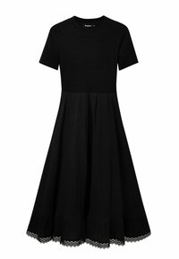 Schwarzes Kleid mit kurzen Ärmeln, geripptem Oberteil, fließendem Rock, strukturiertem Stoff und einer Spitzenkante am Saum.