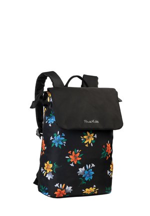 Backpack featuring a black fabric base with colorful floral patterns in orange, blue, and yellow, topped with a solid black flap and handle.