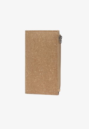 Tan cork wallet with a smooth textured finish, top zipper closure, and stitched edges. Compact rectangular design, suitable for storage.