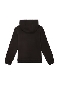 Sudadera con capucha negra de diseño sólido, que cuenta con una capucha amplia, puños y dobladillo acanalados, elaborada con una suave tela texturizada.
