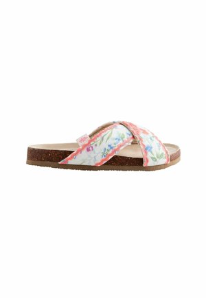 Floral-patterned slide sandal with crisscross fabric straps in white, pink, and green, cork midsole, and textured rubber outsole.